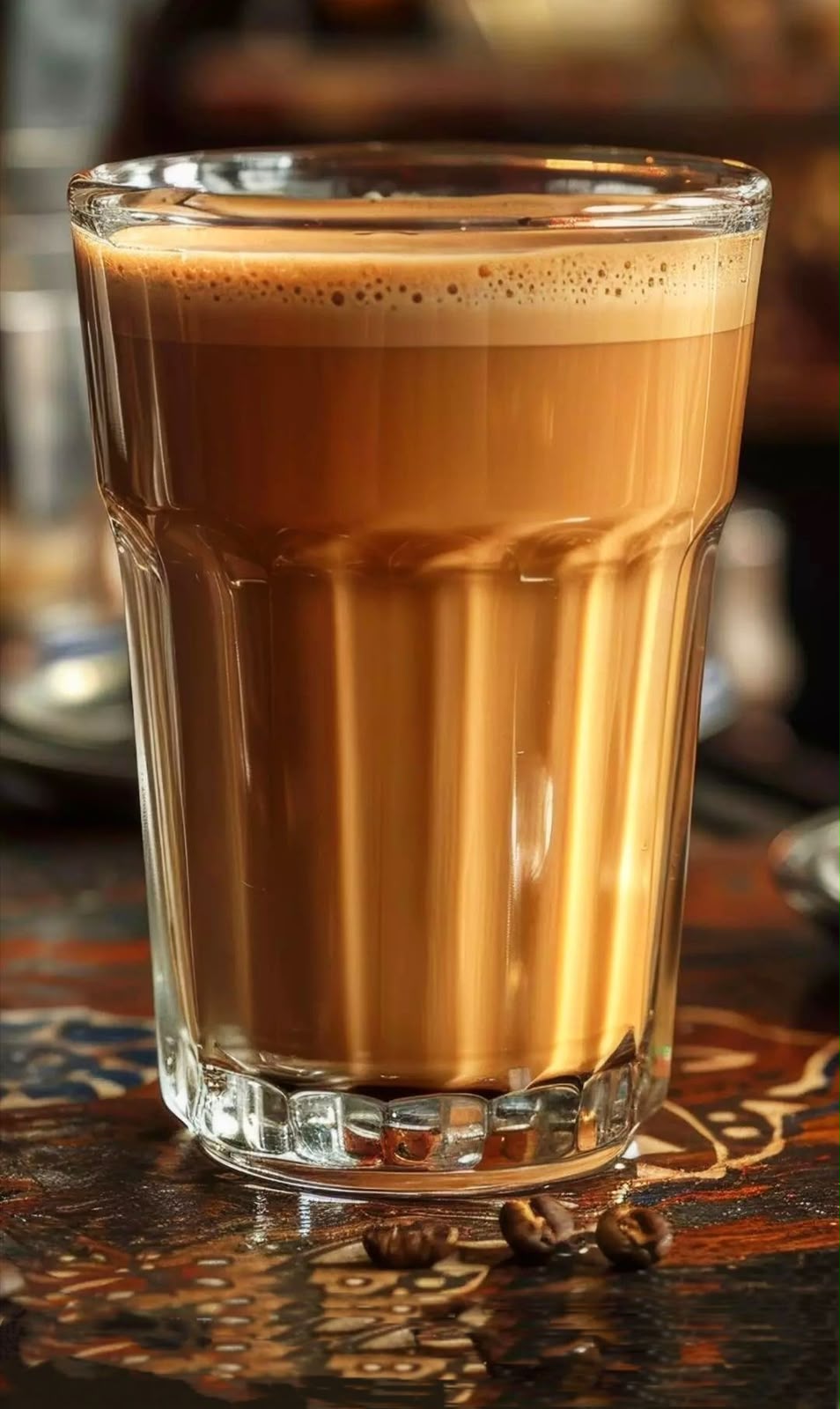 Tall glass of creamy spiced milk tea beside roasted coffee beans