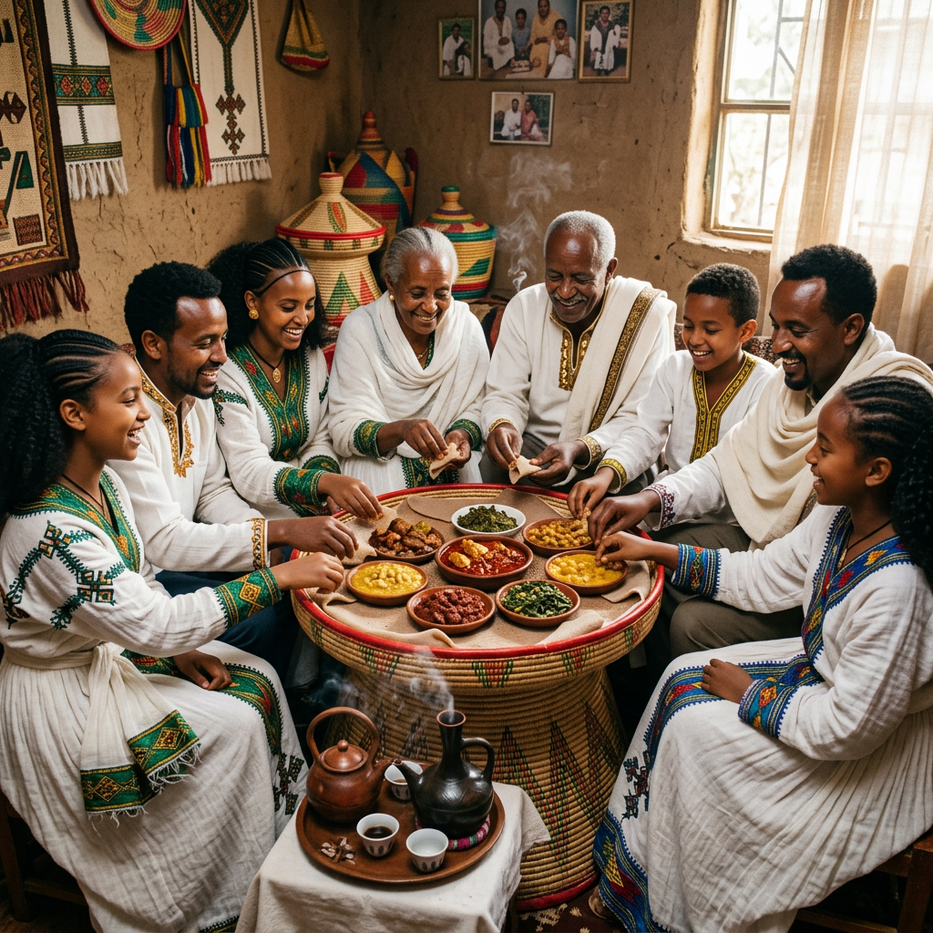 Ethiopian family gathered around a shared mesob platter in traditional dress