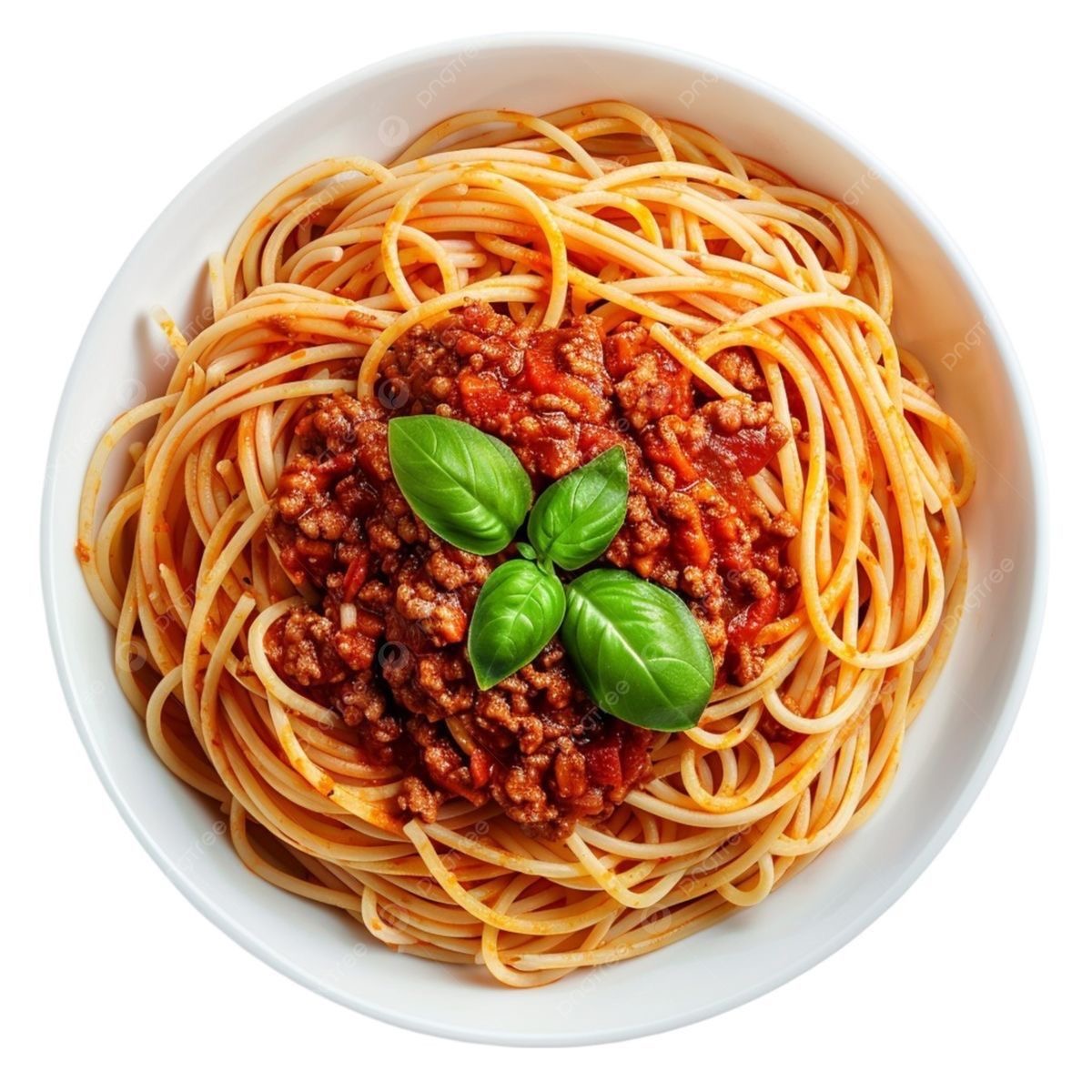Bowl of spaghetti bolognese with minced beef tomato sauce and fresh basil