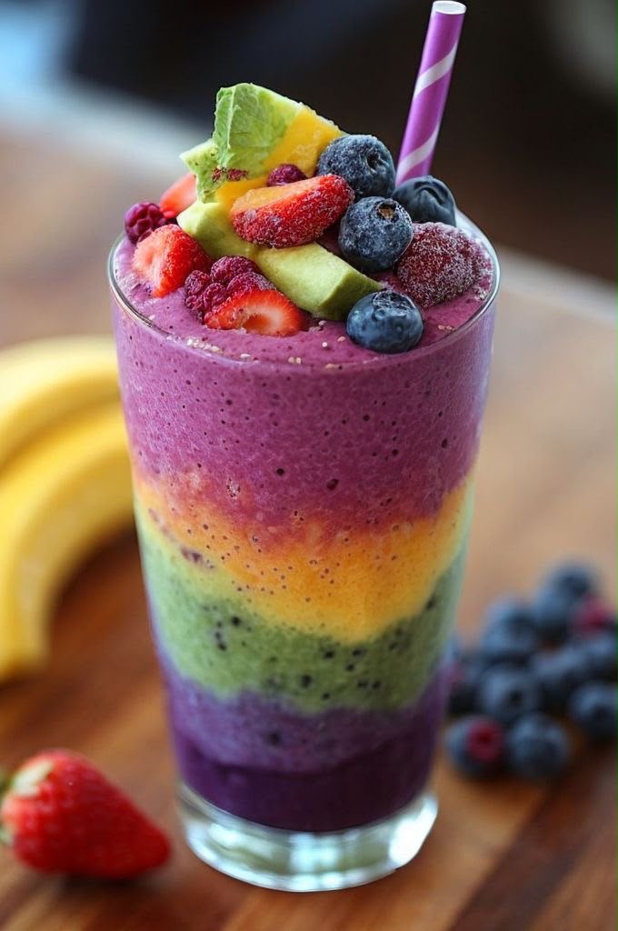 Tall glass of layered rainbow fruit smoothie topped with berries and mint