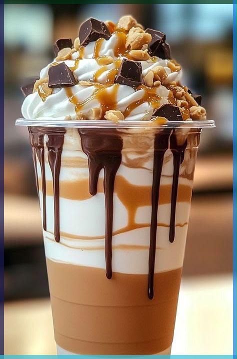 Iced caramel chocolate frappé with whipped cream, chocolate chunks and caramel drizzle