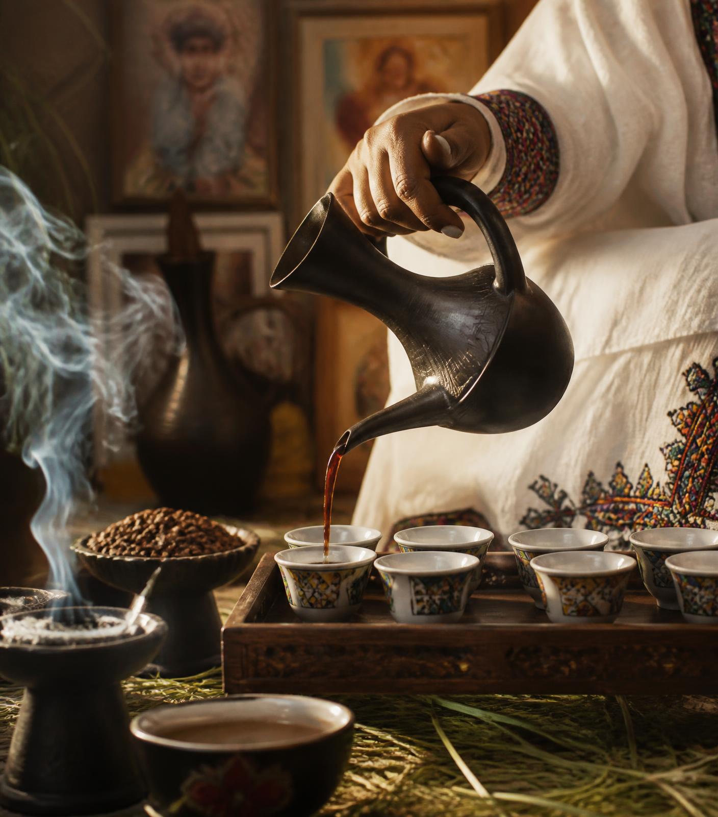 Ethiopian coffee poured from a traditional jebena into small cups