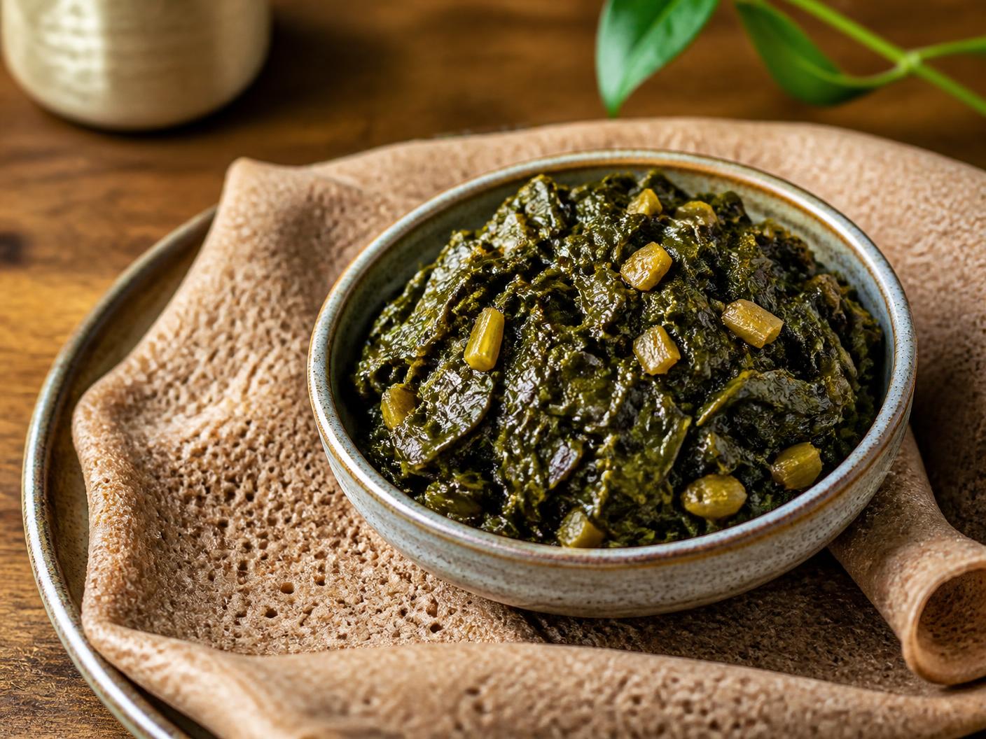 Ethiopian gomen, braised collard greens served on injera