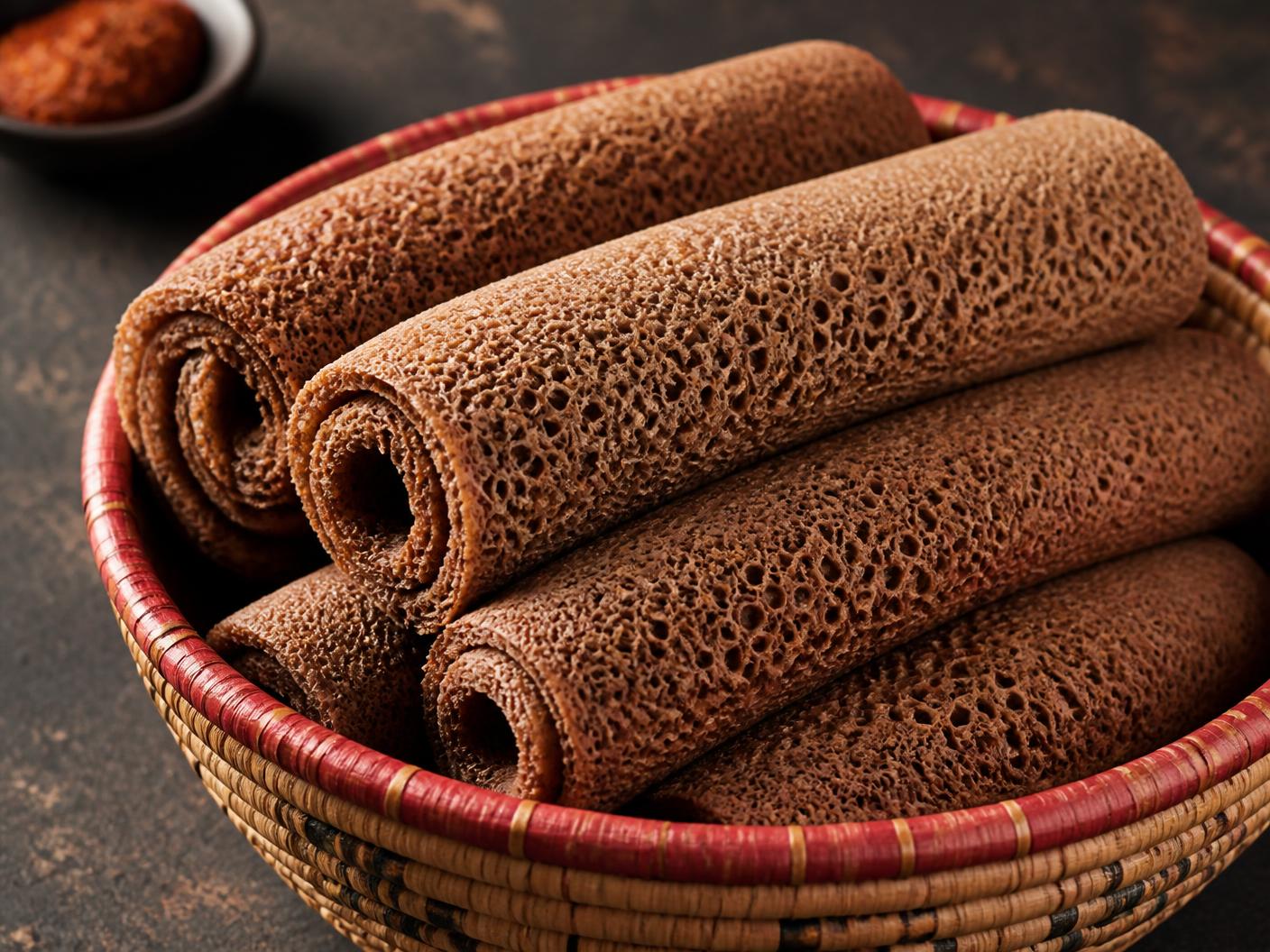 Rolled brown teff injera in a traditional woven Ethiopian basket