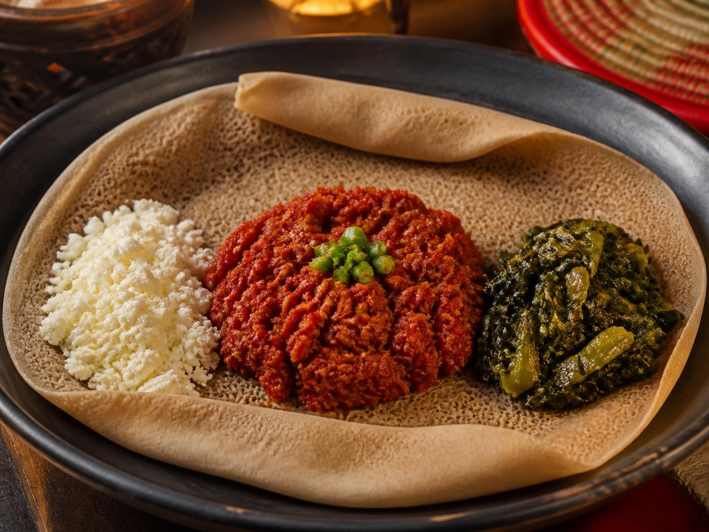 Ethiopian injera kitfo — spiced minced beef served on teff injera with cottage cheese and greens