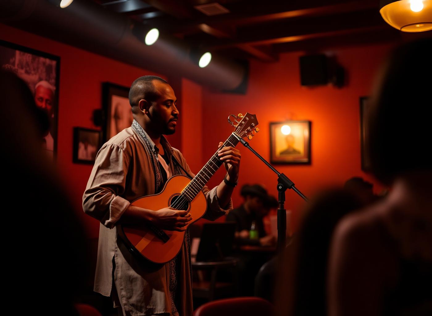 Musician performing live in a warmly lit restaurant