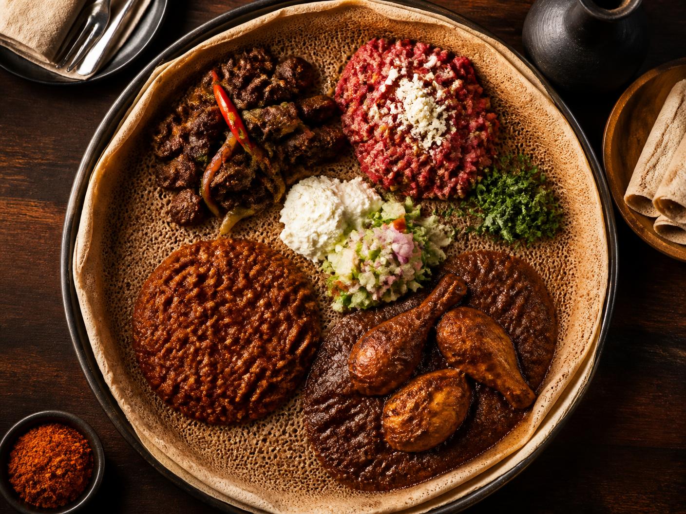 Ethiopian meat platter with assorted stews arranged on a large injera