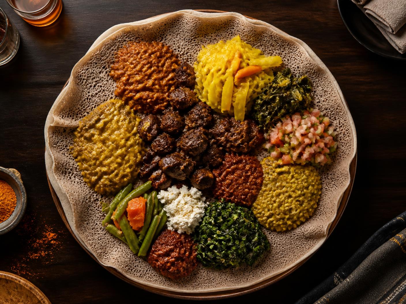 Mixed Ethiopian platter with meat and vegetarian dishes on one large injera