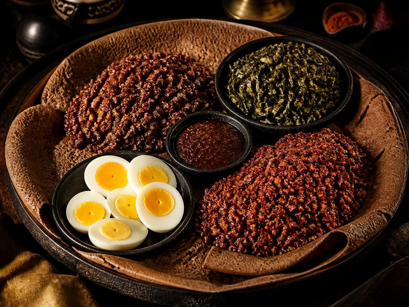 Murtesa Special VIP: steamed and fried kitfo with goma vegetables and boiled eggs on brown teff injera